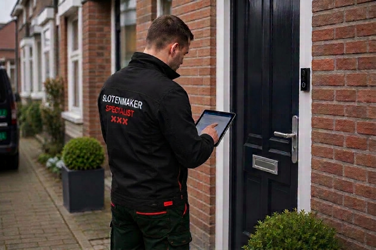 Slotenmaker specialist noteert klantgegevens op tablet bij voordeur