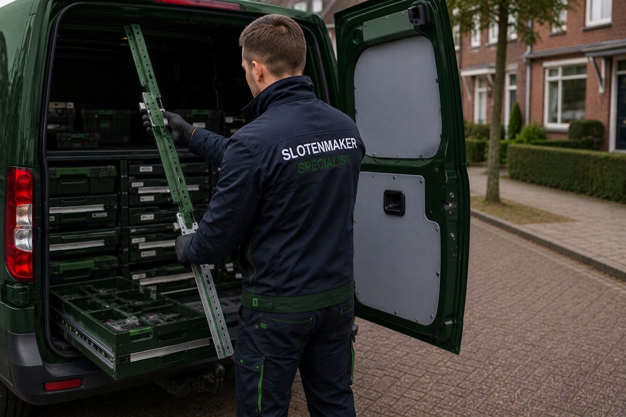 Slotenmaker specialist met materiaal uit bedrijfsbus in Amsterdam