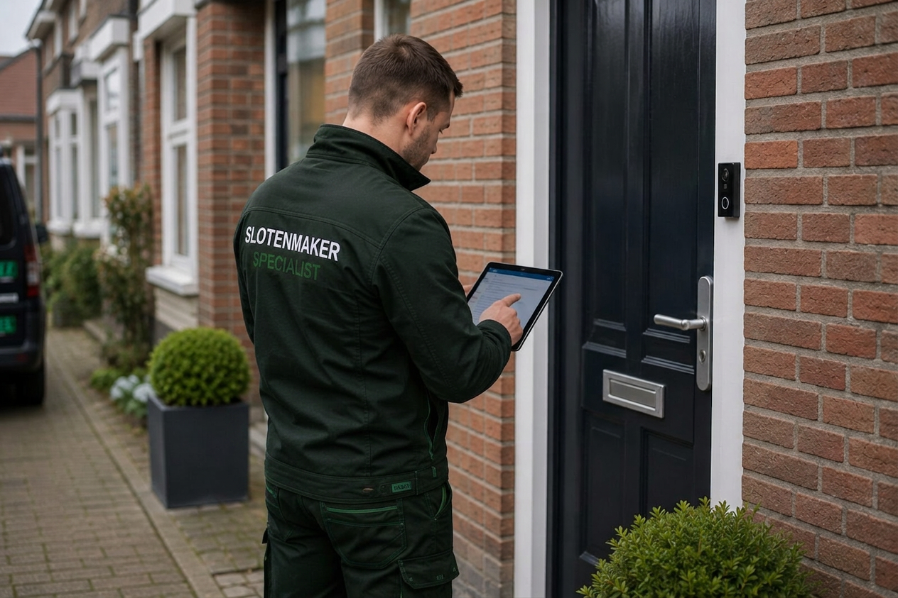 Slotenmaker specialist noteert klantgegevens op tablet bij voordeur