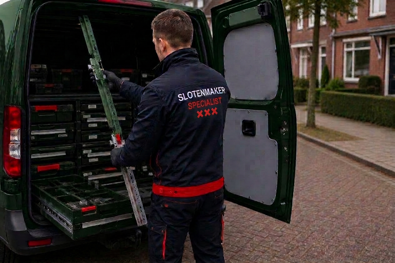 Slotenmaker specialist met materiaal uit bedrijfsbus in Amsterdam